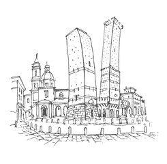 Sketch illustration. Travel sketch of the Two Towers in Bologna, Asinelli and Garisenda, Italy. Liner sketches architecture of the street. Freehand drawing. Line art drawing with a pen on paper. © Catherine