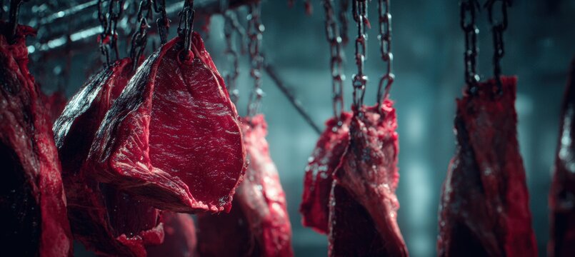 Close-Up of Red Meat Sections on Hooks in Chilled Environment