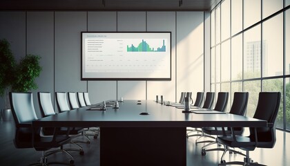 An Elegant and empty meeting boardroom with presentation. A conference table with a big TV screen, representing the idea of teamwork and collaboration in business. corporate business 