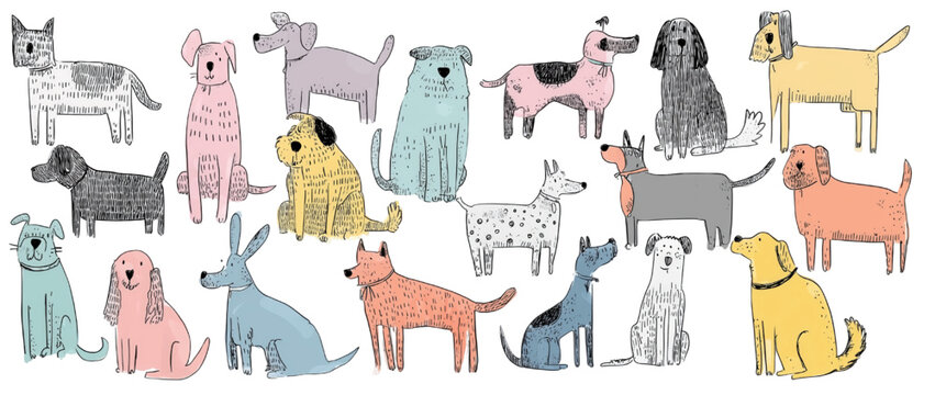 A charming collection of colorful hand-drawn dog illustrations.
