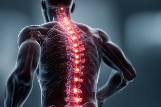 Detailed Anatomy of Back Pain with Glowing Red Pain Points