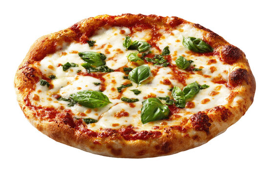 A round pizza topped with melted mozzarella cheese, tomato sauce, and fresh basil leaves. The crust is a light golden brown, and the cheese is visibly melted and bubbly