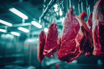Fresh Raw Beef Cuts Hanging in Industrial Cold Room with Stainless Steel