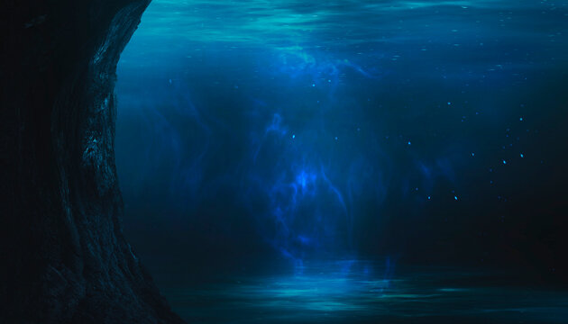 Dark sea bottom, underwater cave, water.