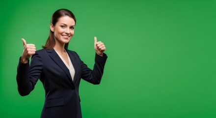 Young woman showing thumb up approval gesture on an isolated green screen background. Concept of business success and positive feedback.