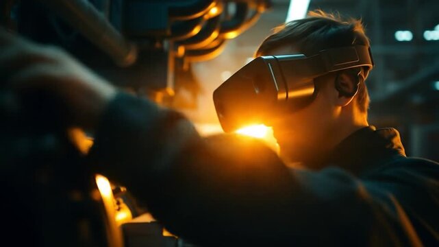 Technicians explore industrial machinery in detail using immersive virtual reality technology. 4k video