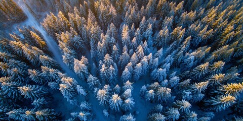 Aerial View of Snow-Covered Pine Forest at Golden Hour