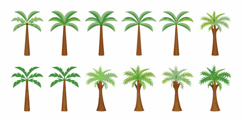 Fototapeta premium Collection of cartoon palm trees with different shapes and styles on white