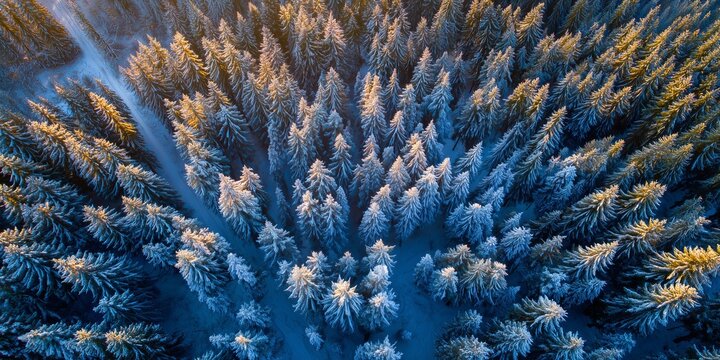 Aerial View of Snow-Covered Pine Forest at Golden Hour