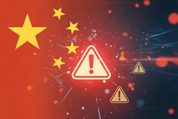 Cybersecurity alert concept with digital warning signs and Chinese flag overlay on red background symbolizing internet system threat or data attack risk. privacy