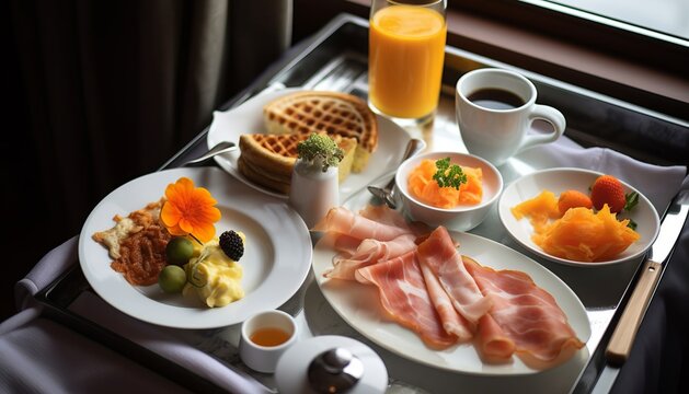 Breakfast in bed, room service. Omelet, salmon, sausages. Morning in the hotel room. Breakfast on the trip