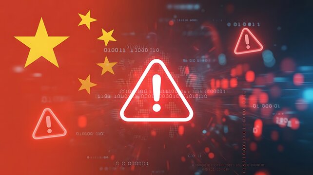 Cybersecurity alert concept with digital warning signs and Chinese flag overlay on red background symbolizing internet system threat or data attack risk. privacy