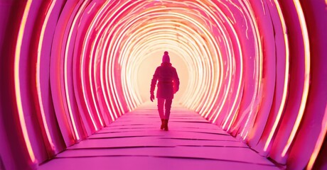 Fototapeta premium Person walks toward bright tunnel. Neon lights create circular patterns, offering futuristic vibe. Dark background emphasizes glowing passage.