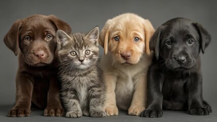 Cute puppies and a kitten pose together in a studio setting for a charming pet portrait session