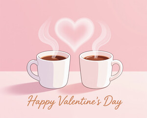 A soft, pastel Valentines Day illustration featuring two steaming coffee cups and a glowing heart shape, symbolizing love and togetherness.