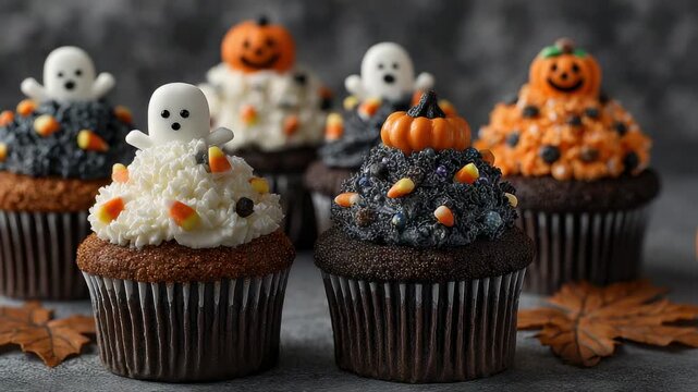 Festive Halloween cupcakes decorated with ghosts, pumpkins, and candy corn for a spooky celebration