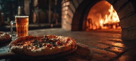 Fototapeta premium Pizza and Beer by Brick Oven in Warm Traditional Pizzeria Setting