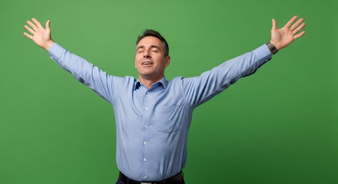 Happy man with closed eyes raising hands on green screen. Middle aged male with arms outstretched. Chromakey isolated effect for video production.