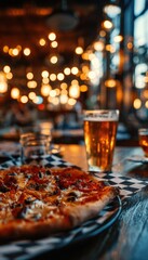 Fototapeta premium Cozy Restaurant Setting with Pizza and Beer, Bokeh Lights in Background