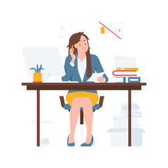 Tired overwhelmed businesswoman experiencing fatigue, exhaustion, stress, and burnout surrounded by piles of office documents paperwork concept illustration