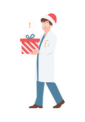 Doctor with Santa hat holding Christmas gift box, holiday surprise from medical healthcare concept illustration