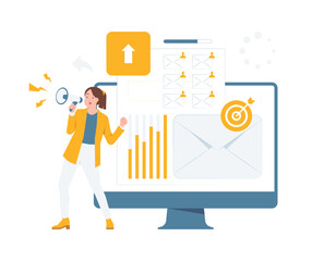 Email campaign marketing strategy announcement by businesswoman with megaphone, digital promotion management concept illustration