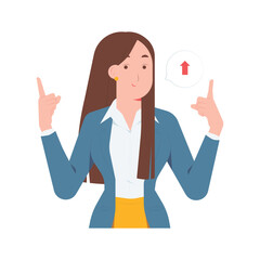 Confident businesswoman in suit pointing upward with both index fingers hands, represents business success, growth, improvement, and positive direction concept illustration