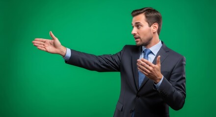 Businessman presenting to side on green screen background. Man showing with open palm hand gesture. Chromakey effect for video.