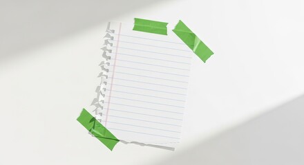 Blank lined paper notebook sheet torn from spiral with green tape attached to white wall creating copy space for notes messages