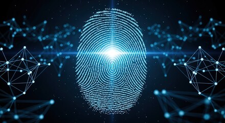 Digital fingerprint security system glowing blue light with binary code and connected network lines concept of cybersecurity and identification