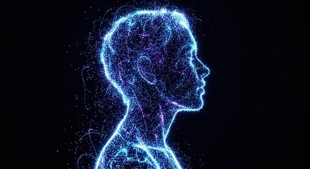 Digital representation of male human head in profile made of glowing blue and purple particles on dark background