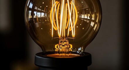 Close up glowing filament inside vintage Edison light bulb Warm yellow light illuminating interior home decor Bright incandescent lamp electric illumination technology