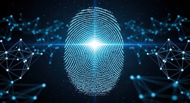 Digital fingerprint security system glowing blue light with binary code and connected network lines concept of cybersecurity and identification