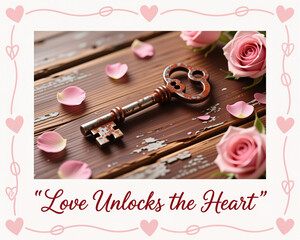 Vintage-style Valentines Day illustration featuring a rusty key, pink roses, and scattered petals on a distressed wooden background, symbolizing love and heart unlocks.