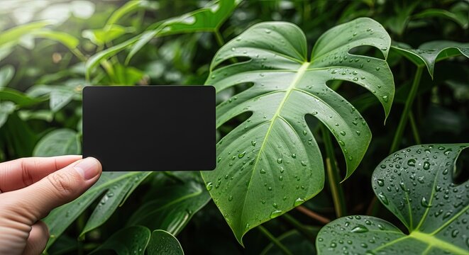 Person holding blank black card in front of large green tropical plant leaves with water drops and dappled sunlight - Powered by Adobe