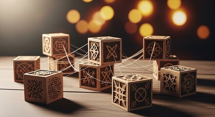 Interconnected wooden cubes with intricate engraved patterns symbolizing network and collaboration on wooden surface with bokeh lights background
