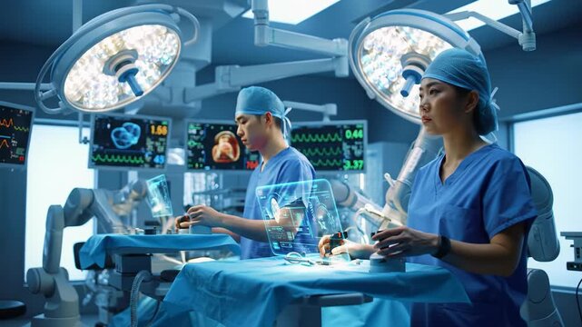 Medical professionals in blue scrubs guide robotic arms on patient in a dimly lit futuristic operating room with bright surgical lights and floating monitors. Cutting-edge medical innovation concept