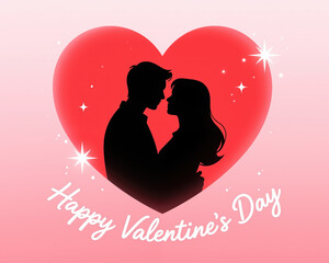 Valentines Day illustration featuring silhouetted couple embracing in front of a heart with sparkles and Happy Valentines Day text in a pink background.