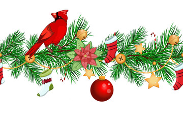 Christmas arrangement with cardinal bird with fir branches, candy canes and golden garland, winter plants, pine branches. Xmas vector illustration