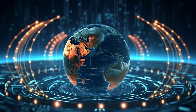 Data exchange, communication technologies and global business network concept with digital rings around planet earth with world map silhouette and binary code numbers on dark background. 3D rendering