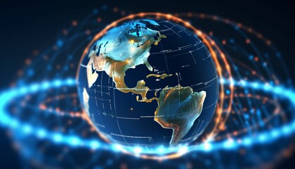 Data exchange, communication technologies and global business network concept with digital rings around planet earth with world map silhouette and binary code numbers on dark background. 3D rendering