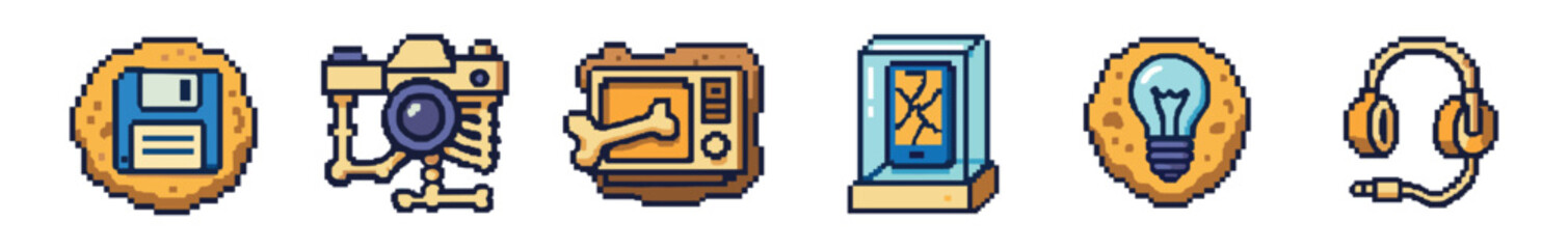 A creative set of retro pixel art icons featuring a bone camera, floppy disk, broken phone, and headphones, representing old and new technology for digital design projects
