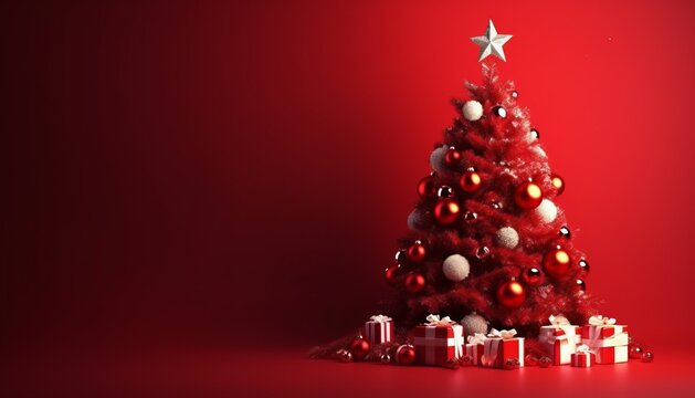 Decorated with ornaments and lights Christmas tree on red background. Merry Christmas and Happy Holidays greeting card, frame, banner. New Year.