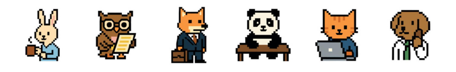 A collection of diverse pixel art animal characters, including a rabbit, owl, fox, panda, cat, and dog, depicted in various professional roles