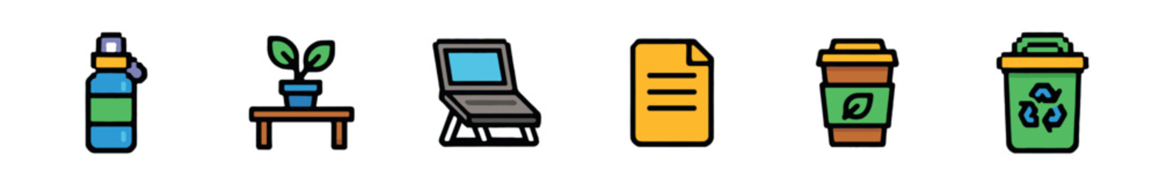 A horizontal row of six colorful flat design icons featuring everyday items including a water bottle, potted plant, laptop, document, coffee cup, and a recycling bin