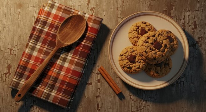 Homemade oatmeal cookies on a plate with a wooden spoon, plaid napkin, and cinnamon sticks on a rustic table.