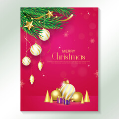 Merry christmas poster template design with decorative light bulb and snowflakes christmas tree branches