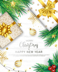 Merry christmas poster template design with decorative light bulb and snowflakes christmas tree branches