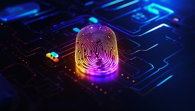 Digital fingerprint scanning verification process. Future security technology against digital cyber crime.