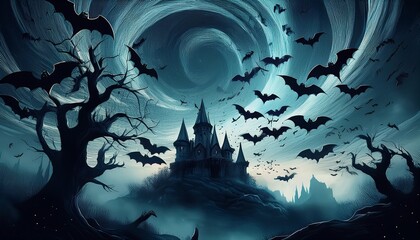 swarm of bats swirling into a vortex above a haunted castle